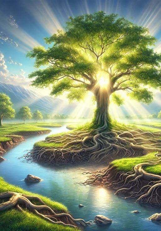 Sunlight filtering through ancient olive tree branches creating a serene, spiritual atmosphere